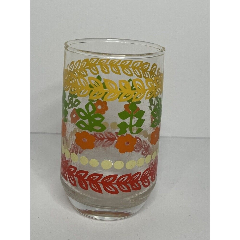 vintage Red White Yellow Orange  Green Floral Juice Glass Cup Retro 1950